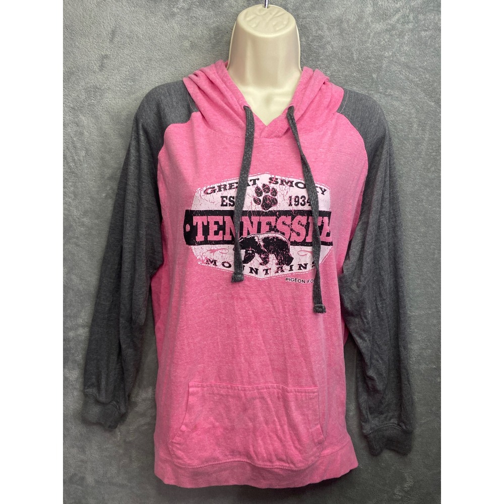 Isaacs Designs Tennessee Bear Paw Print Graphic Hoodie Pink Gray Raglan Size L‎